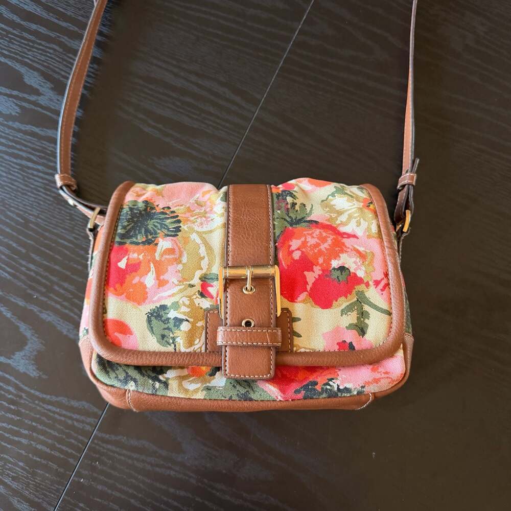 y2k Liz Claiborne New York Floral Canvas Brown Faux Leather Crossbody Bag